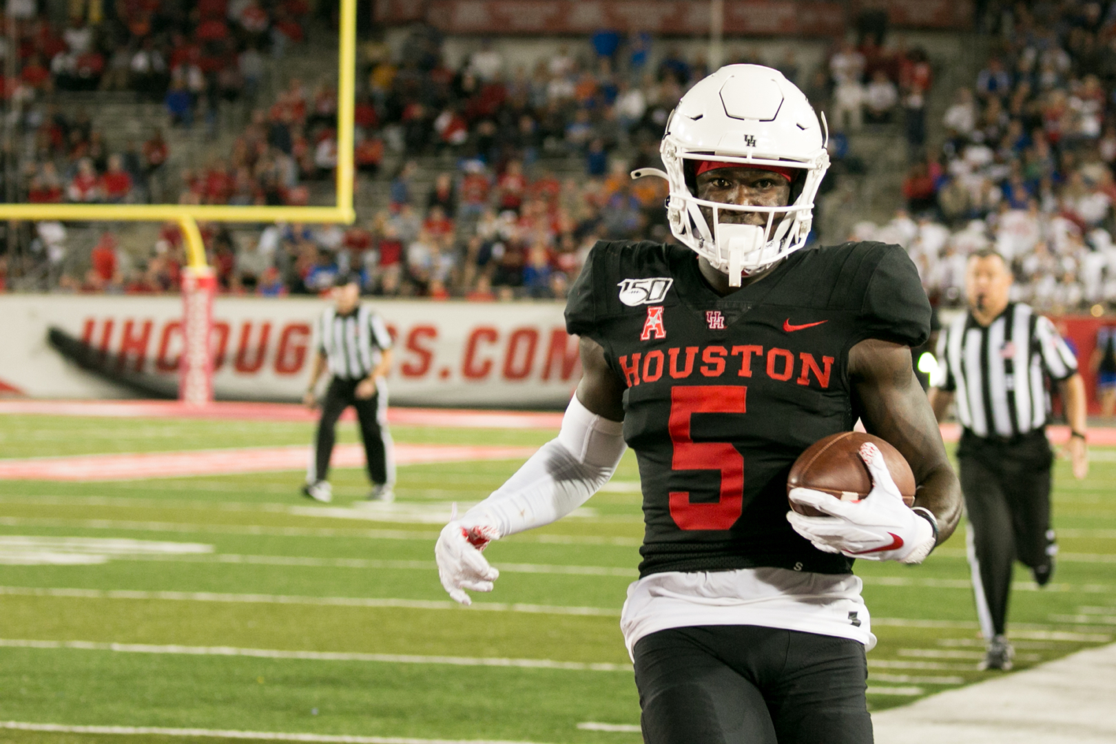 UH wide receiver Marquez Stevenson in a game against SMU in 2019. He caught five passes for 211 yards and two touchdowns, including a 96-yard score in the fourth quarter. | Katrina Martinez/The Cougar