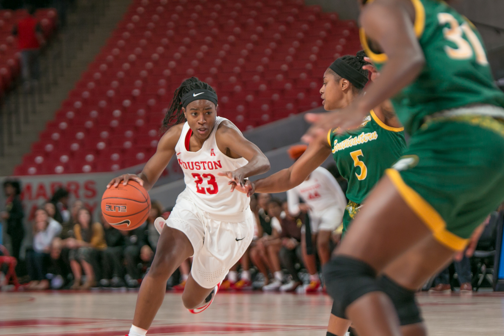 The UH women's basketball team will go against Wichita State this Saturday at 2 p.m. at the Fertitta Center. Pictured: Julia Blackshell-Fair (Left). | Lino Sandil, The Cougar