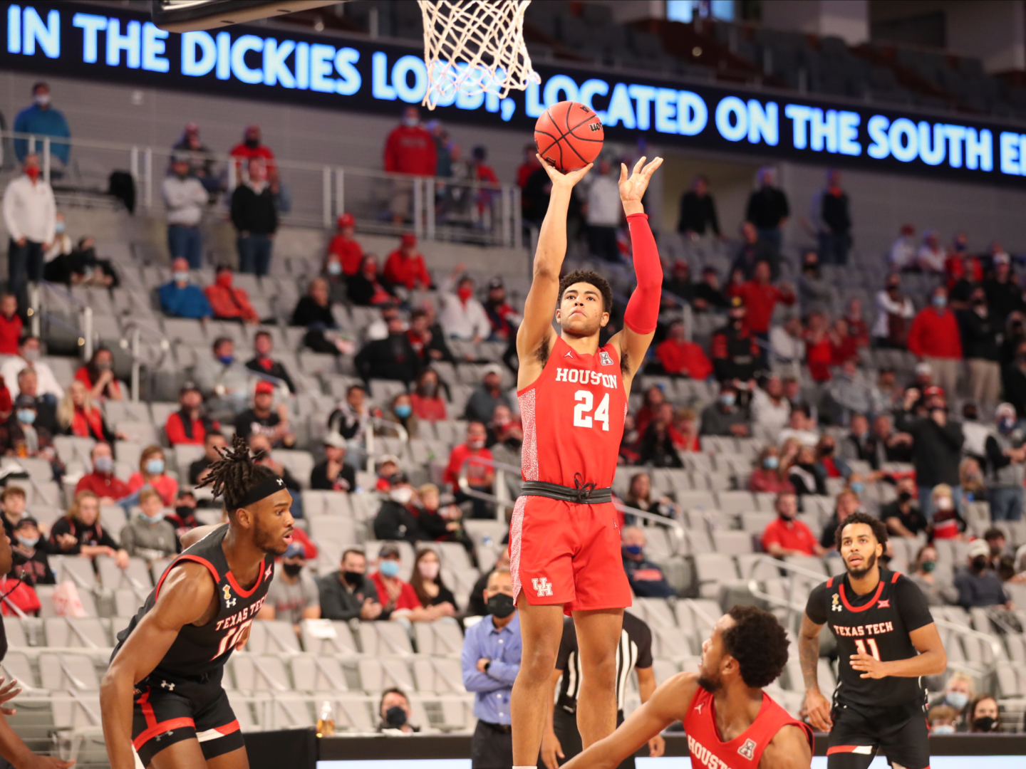 Junior guard Quentin Grimes fires a 3-pointer in Houston's victory over Texas Tech at Dickies Arena in Fort Worth. | Vladimir Cherry/Houston athletics