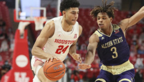 UH guard Quentin Grimes drives towards the Cougars basket while Alcorn State defender David Pierce III keeps pace inside of Fertitta Center on Dec. 20, 2020. | Courtesy of UH athletics