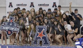 The UH swimming and diving team celebrates its fifth straight American Athletic Conference championship on Saturday evening. | Courtesy of UH athletics