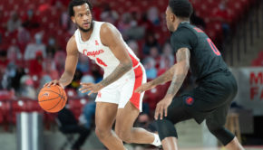 UH senior forward Justin Gorham looks across the court for an open teammate in a game against SMU on Jan. 31 at Fertitta Center. | Courtesy of UH athletics