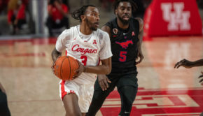 Houston men's basketball senior guard DeJon Jarreau drives into the paint against the SMU Mustangs. UH will play USF on Wednesday, a game that was originally postponed due to COVID-19 issues. | Andy Yanez/The Cougar