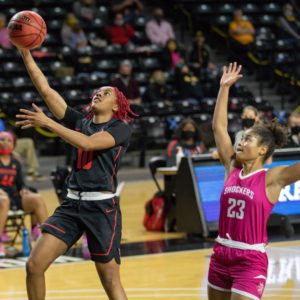UH women's basketball guard Britney Onyeje ended with 13 points in the team's win against Wichita State on Wednesday. | Sean Marty/The Sunflower