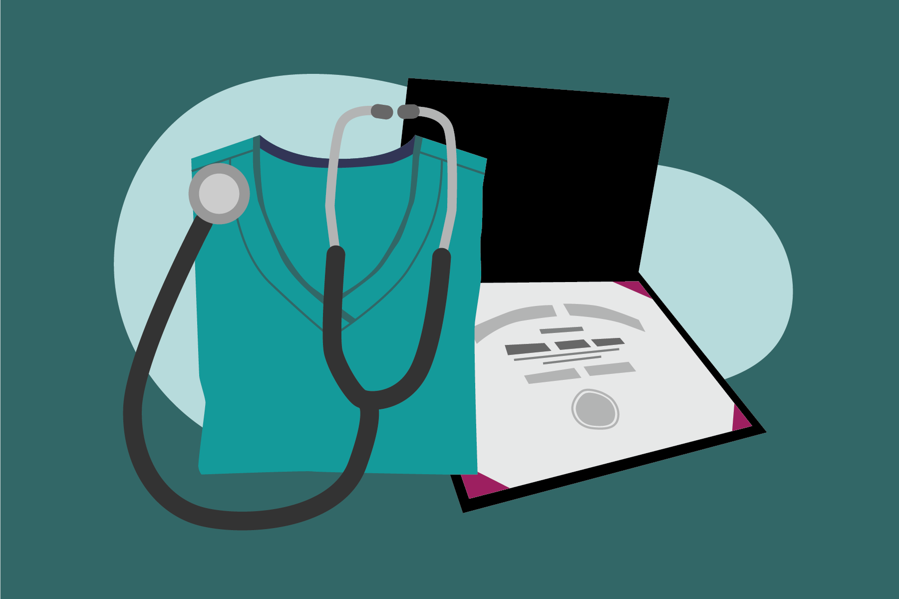 Graphic of nursing scrubs, stethoscope, and diploma.