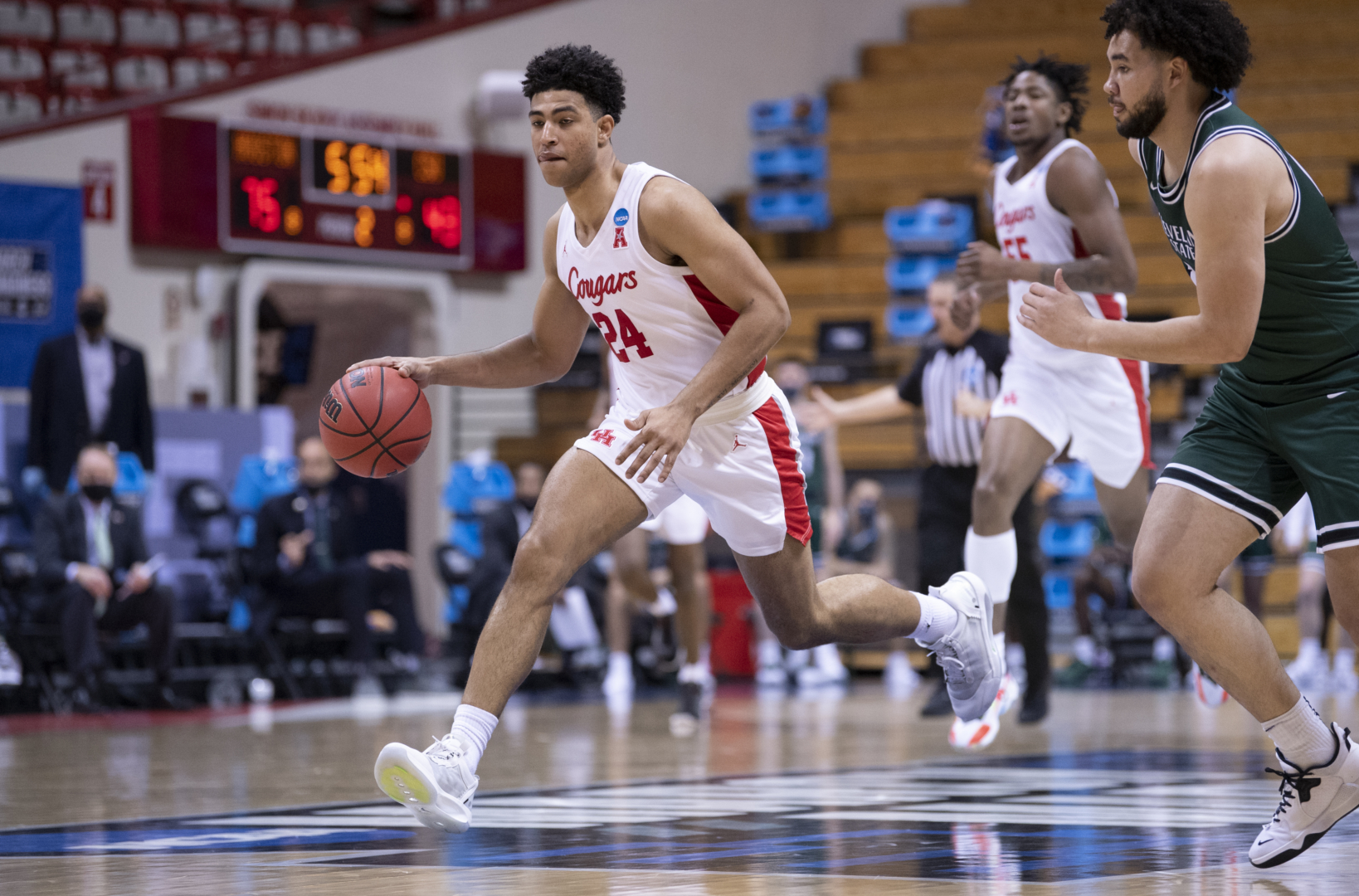 BLOOMINGTON, IN - MARCH 19: UH guard Quentin Grimes (24) during the first round of the 2021 NCAA Division I Men’s Basketball Tournament held at Simon Skjodt Assembly Hall on March 19, 2021 in Bloomington, Indiana. (Photo by Ben Solomon/NCAA Photos via Getty Images)