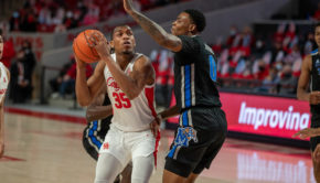 UH forward Fabian White Jr. goes up through the contact during last Sundays game against Memphis at Fertitta Center. | Andy Yanez/The Cougar