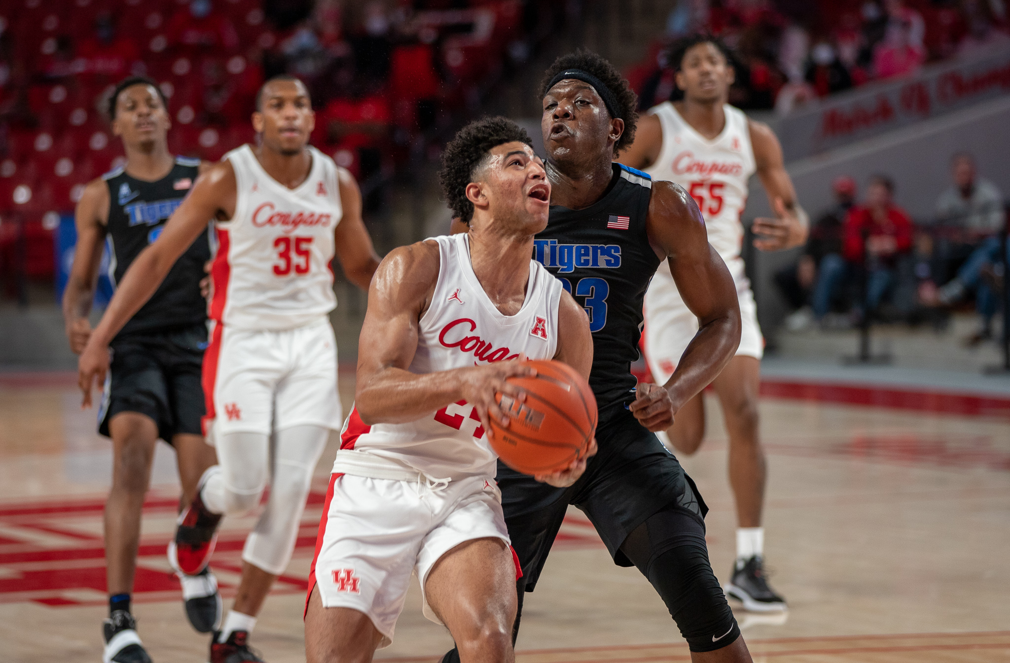 UH junior guard Quentin Grimes goes up for a layup during last Sunday's game against Memphis at Fertitta Center. | Andy Yanez/The Cougar