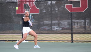 UH tennis senior Phonexay Chitdara locks in on the ball during a match for the Cougars. | Courtesy of UH athletics