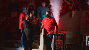 Houston head coach Kelvin Sampson walks out of the tunnel during the University's Final Four team celebration on April 7 at Fertitta Center. UH landed Texas Tech transfer Kyler Edwards on Wednesday. | Andy Yanez/The Cougar