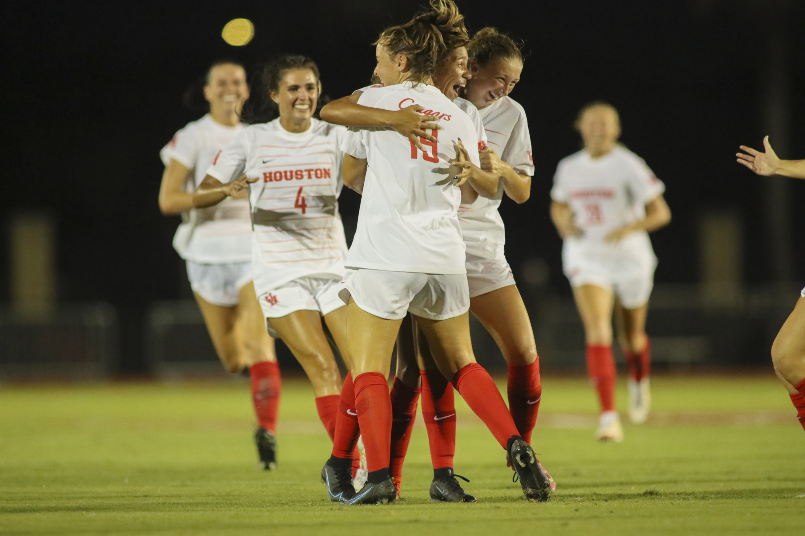 The UH soccer team celebrates a goal during its season opener against Oklahoma.| Courtesy of UH athletics