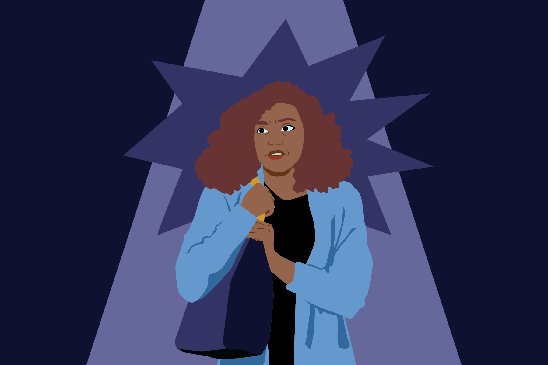 Graphic of a woman clutching her tote bag while looking worried and walking at night.