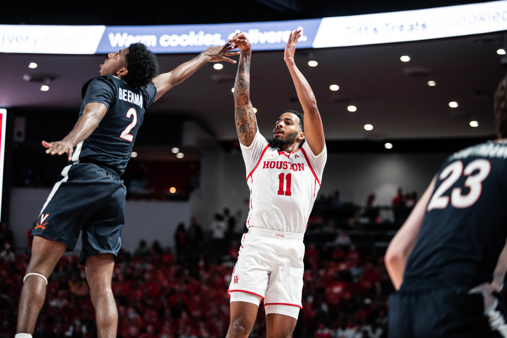 UH guard Kyler Edwards hit five 3-pointers, finishing with 18 points in the Cougars' victory over Virginia on Tuesday night. | James Schillinger/The Cougar