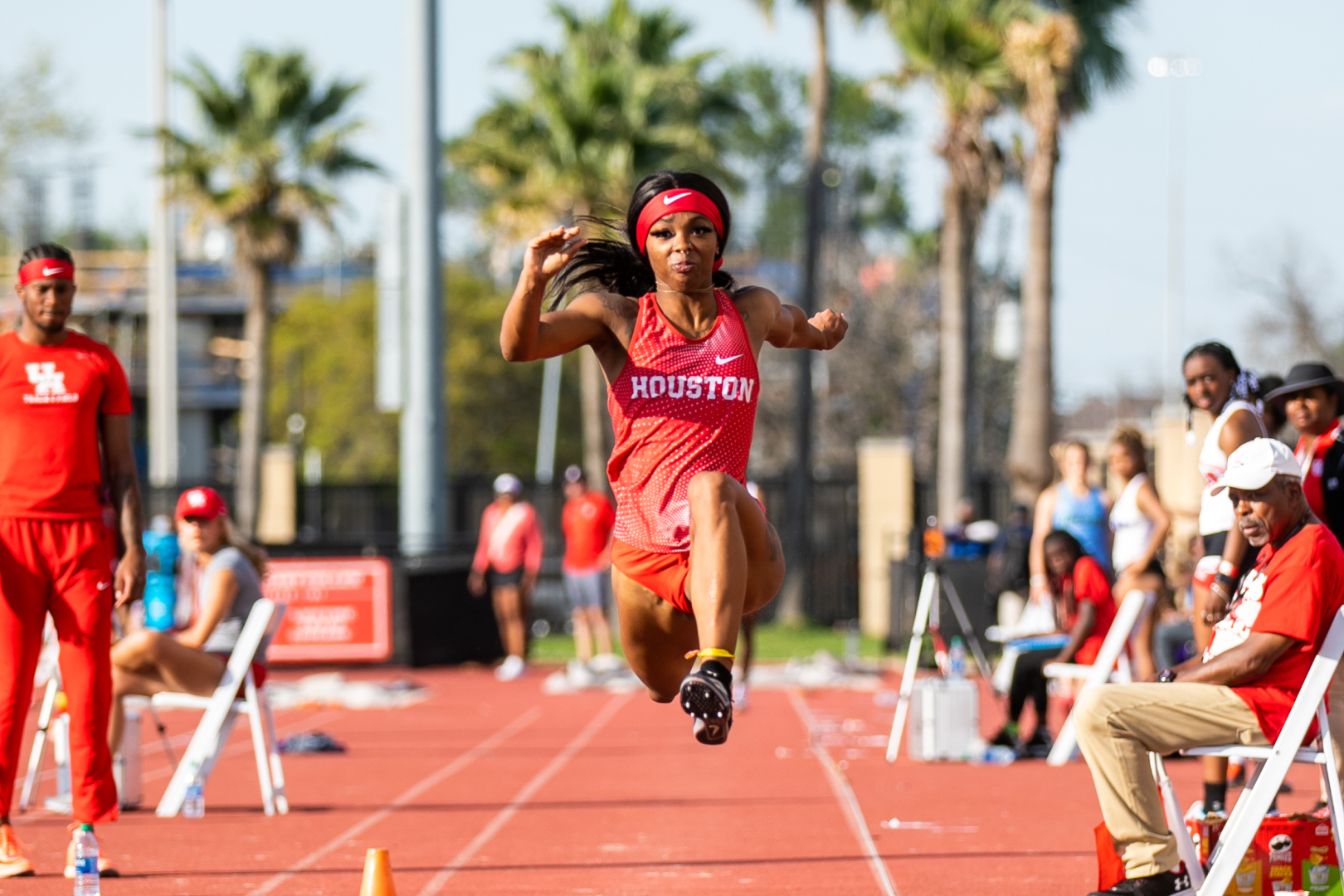 Destiny Lawrence broke the UH track and field program record in the women’s triple jump with a jump of 13.61 meters on Saturday at the Houston Alumni Invitational. | Courtesy of UH athletics