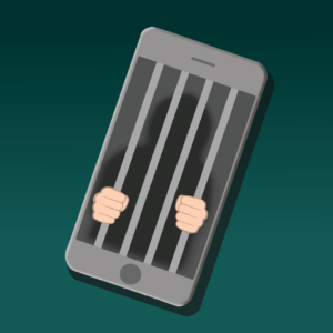 A phone depicting a jail cell with hands holding the bars in a fist