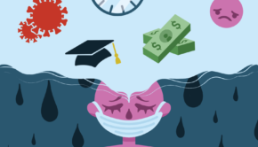 A sick person with a bubble above their head with a clock, virus, sad face, graduation cap, and money.