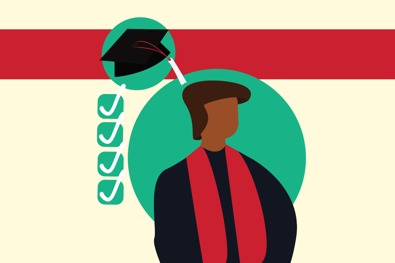 A dark brown student with brown hair wearing a graduation cap and gown. They have a check-list with various goals to the left of them.