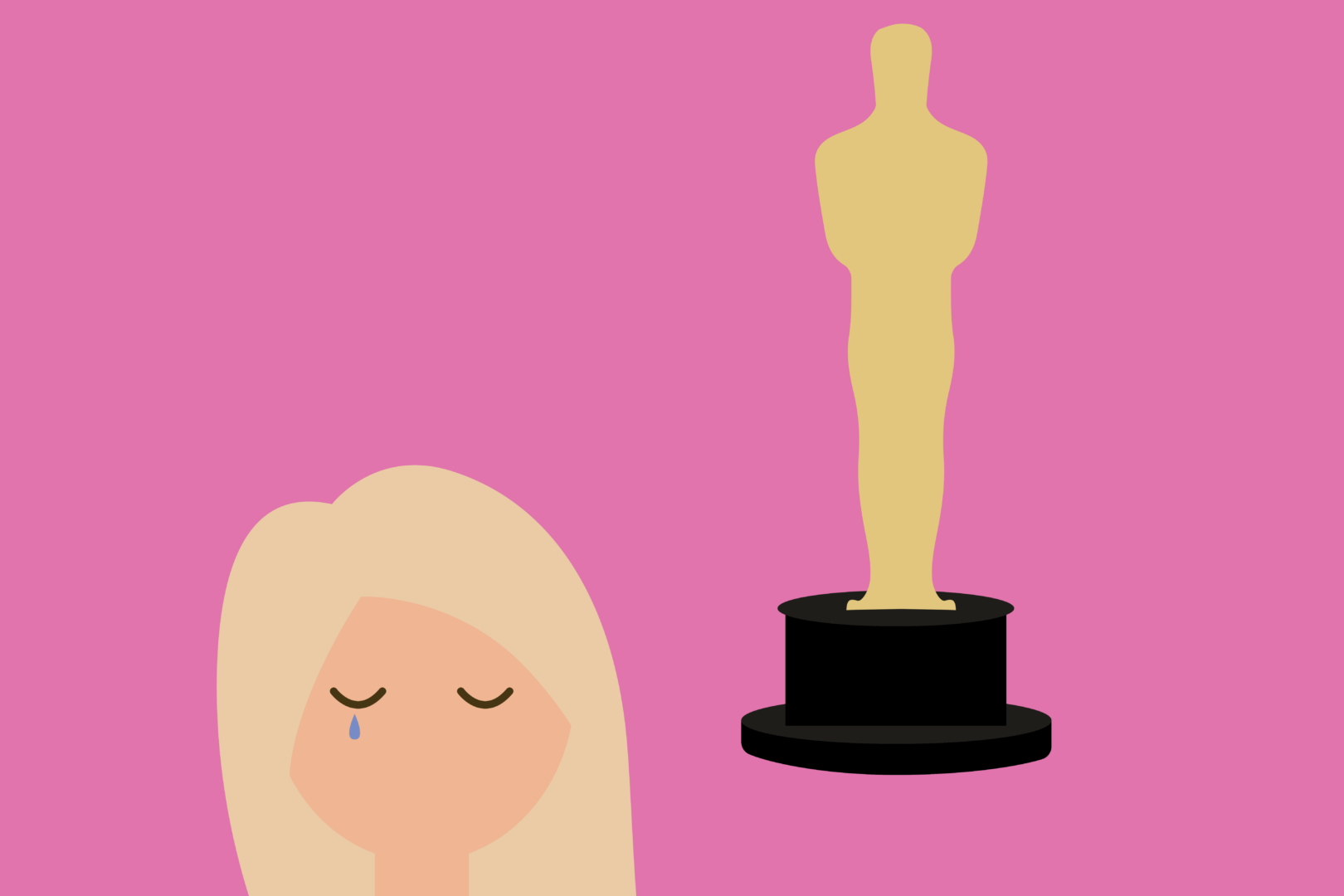 Margot Robbie's character in Barbie sheds a tear next to an Oscar statue on a pink background