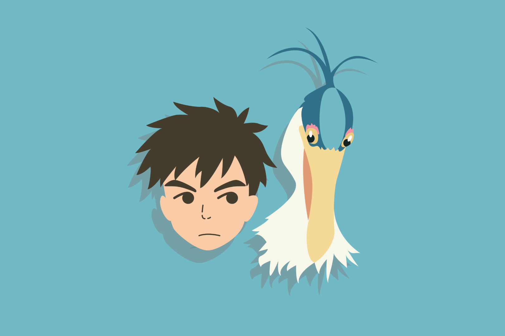 Two characters from The Boy and the Heron on a blue background: The one on the left is the floating head of a young boy with spiky brown hair and the one in the right is a blue and white bird with a long beak