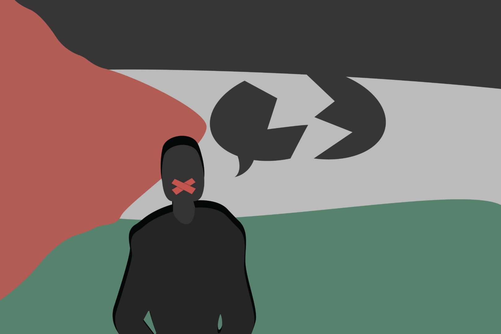 A figure standing in front of a Palestinian flag. Their mouth is covered with an "x" of red tape, and a broken speech bubble is next to them.