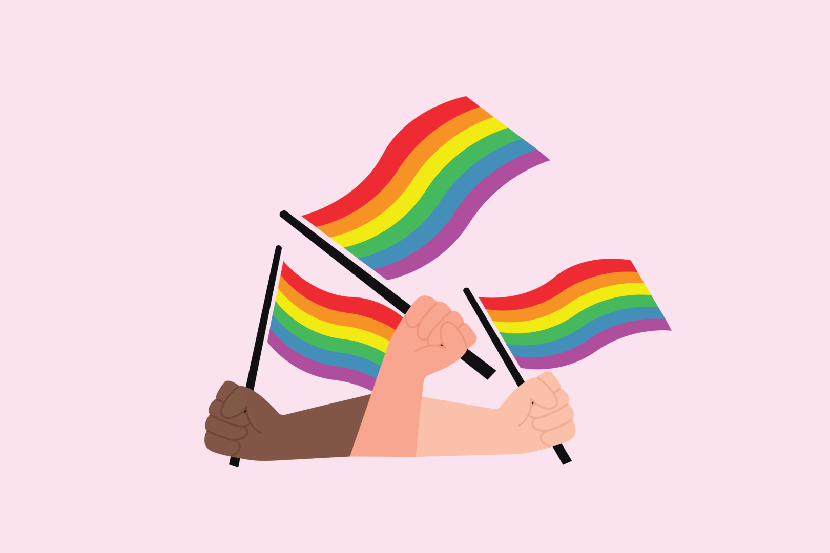 Three hands, all different skin tones, each holding a rainbow pride flag over a light pink background