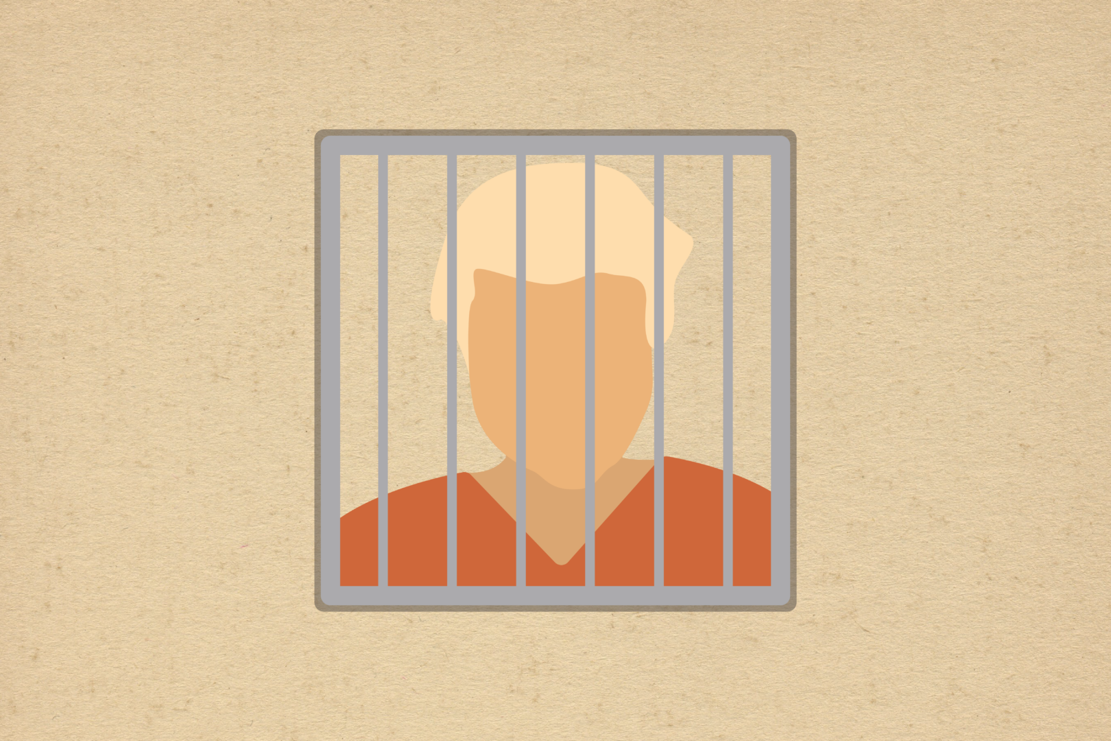 Minimalist art of Donald Trump behind prison bars over a beige background