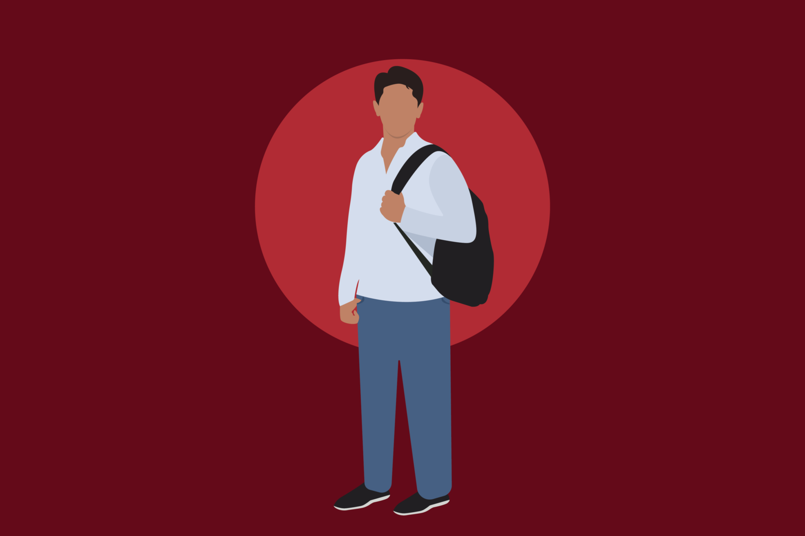 A silhouette of a man with a white shirt, blue jeans and a black backpack over a dark red background. In the middle of this background, there is a circle that is a lighter red.