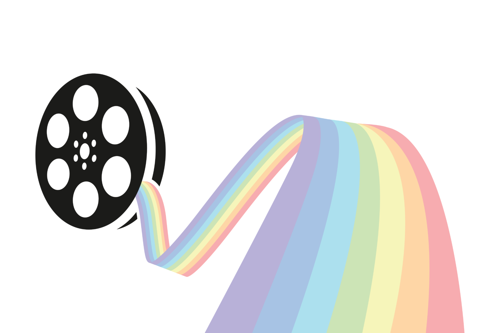 A rainbow film reel overlaid on a white background