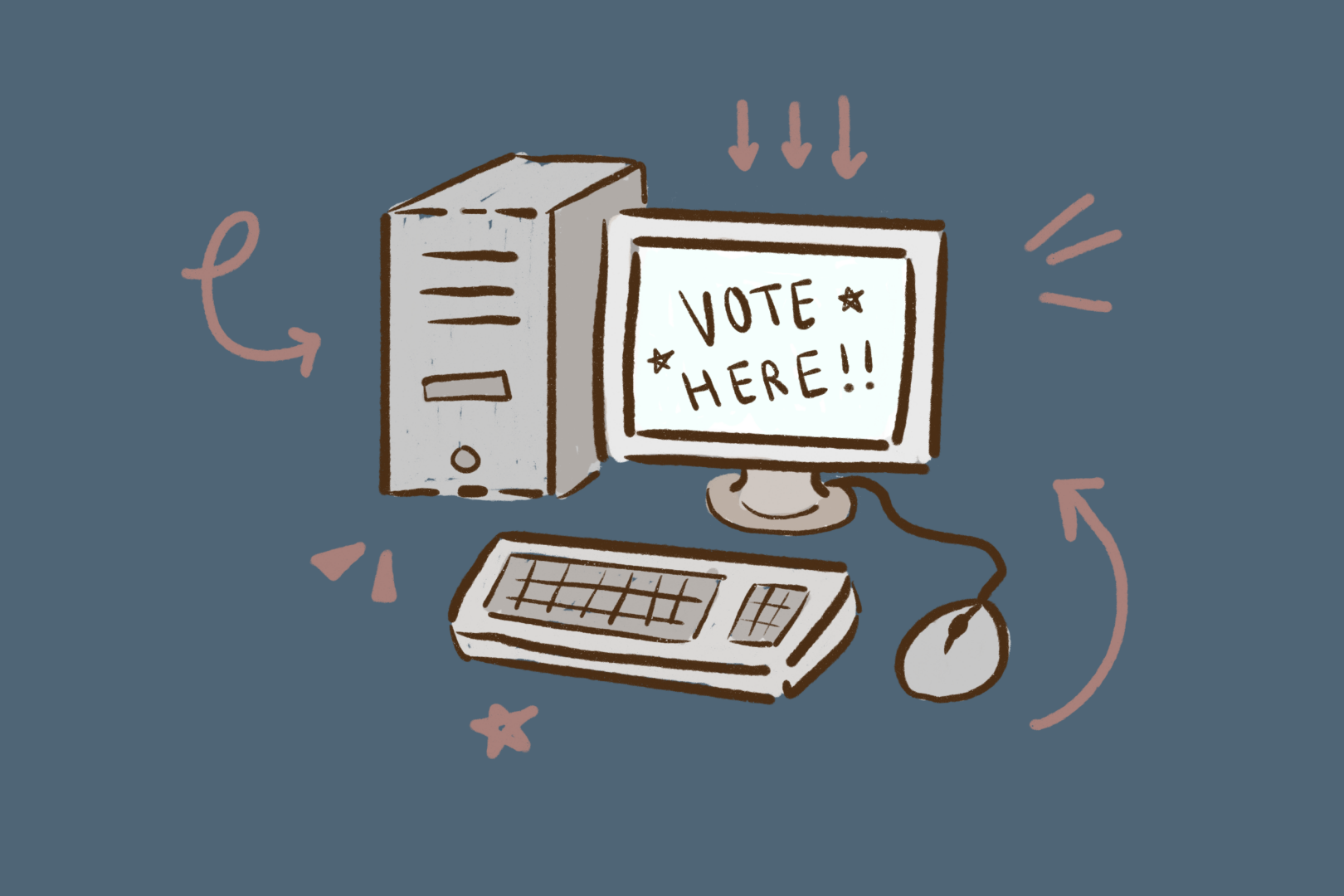 A light grey monitor, keyboard, mouse and computer tower with a navy background. The monitor reads "vote here!!" and there are dark orange arrows and emphasis lines around it.